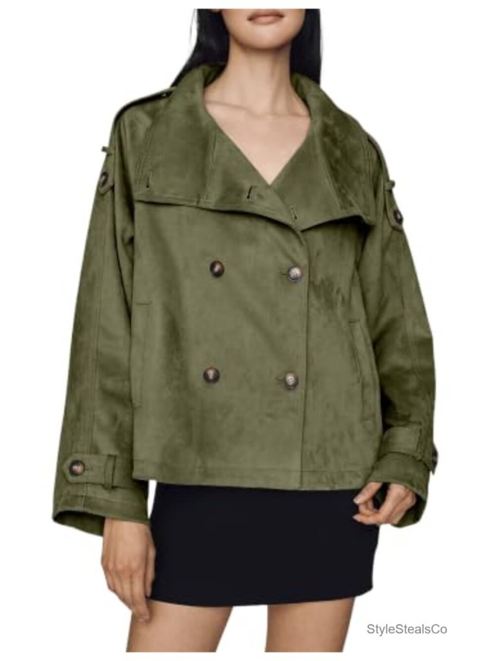 Faux Suede Funnel Neck Trench Coat Cropped Double Breasted